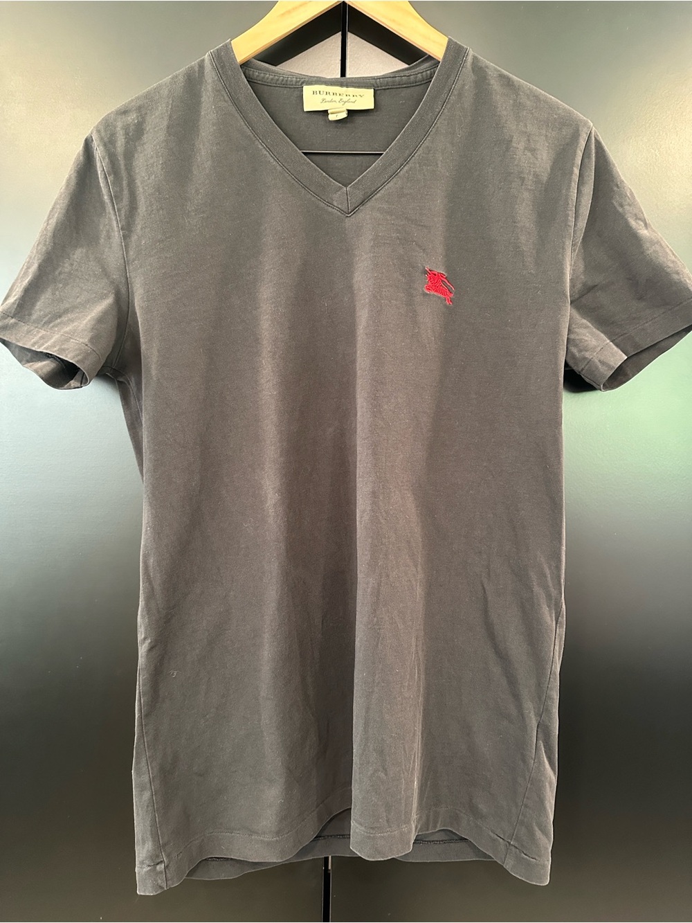 Burberry Short-Sleeve V-Neck T-Shirt in Black with Red Knight Logo